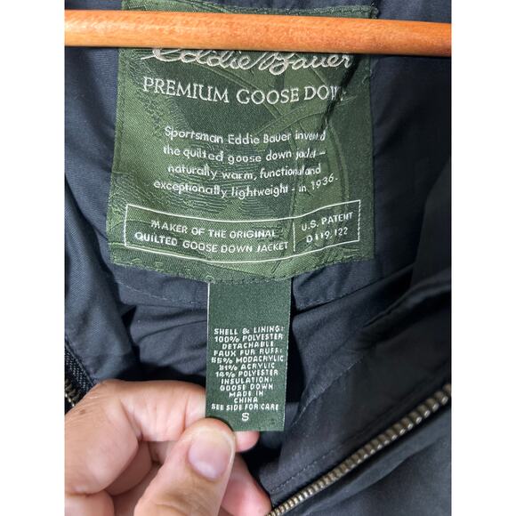 Eddie Bauer Puffer Coat Small Black Goose Down Faux Fur Lined Hood Long Length - Picture 5 of 16